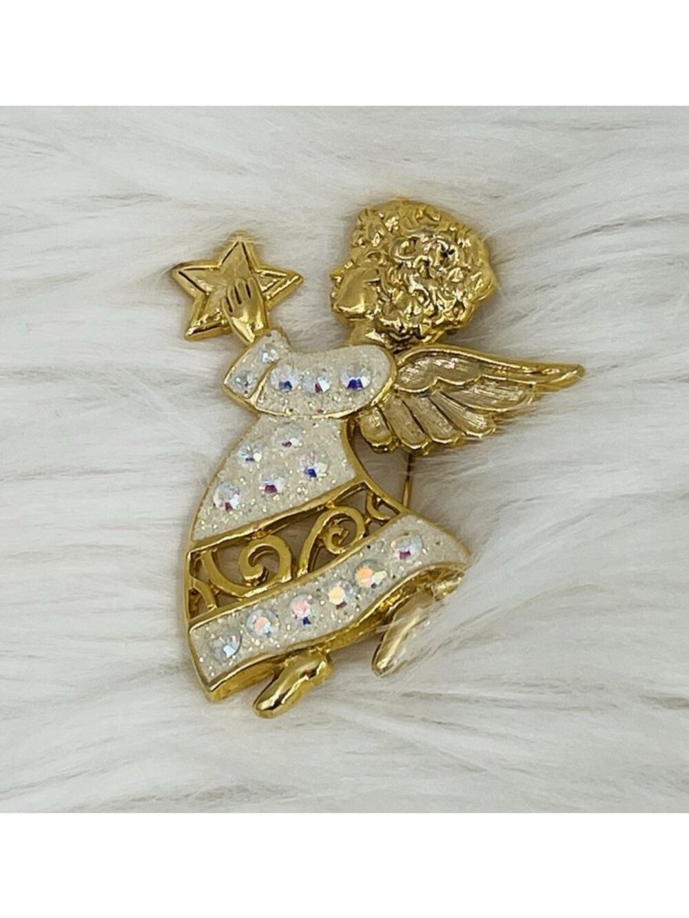 Vintage Angel Brooch Pin Gold Tone White Glitter Rhinestone Star Christmas